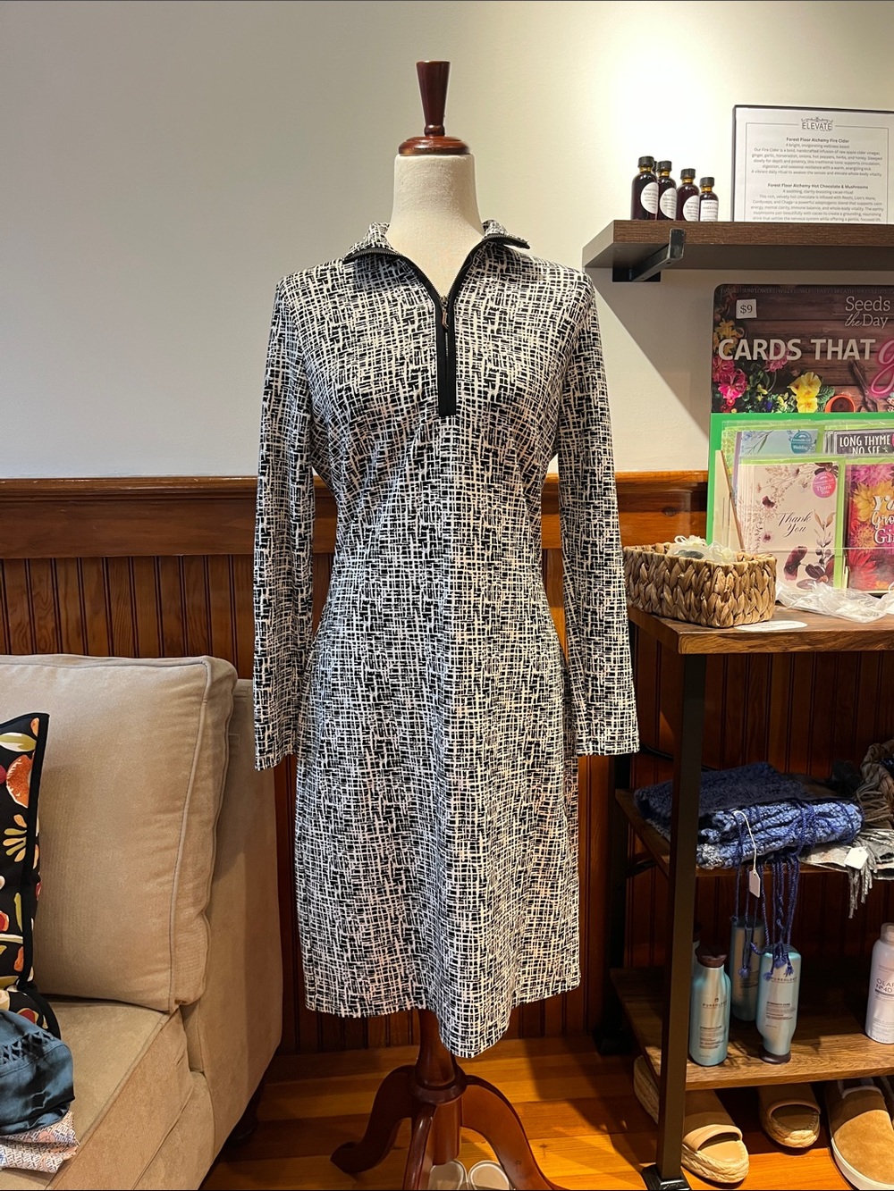 Long Sleeve Black & White Zip-Front A-Line Dress